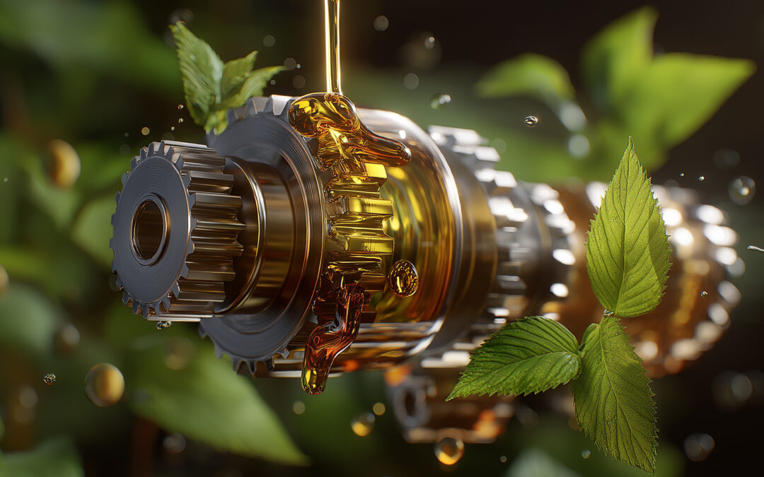 Biodegradable lubricant pours onto a gear, dispelling myths about some of its uses.