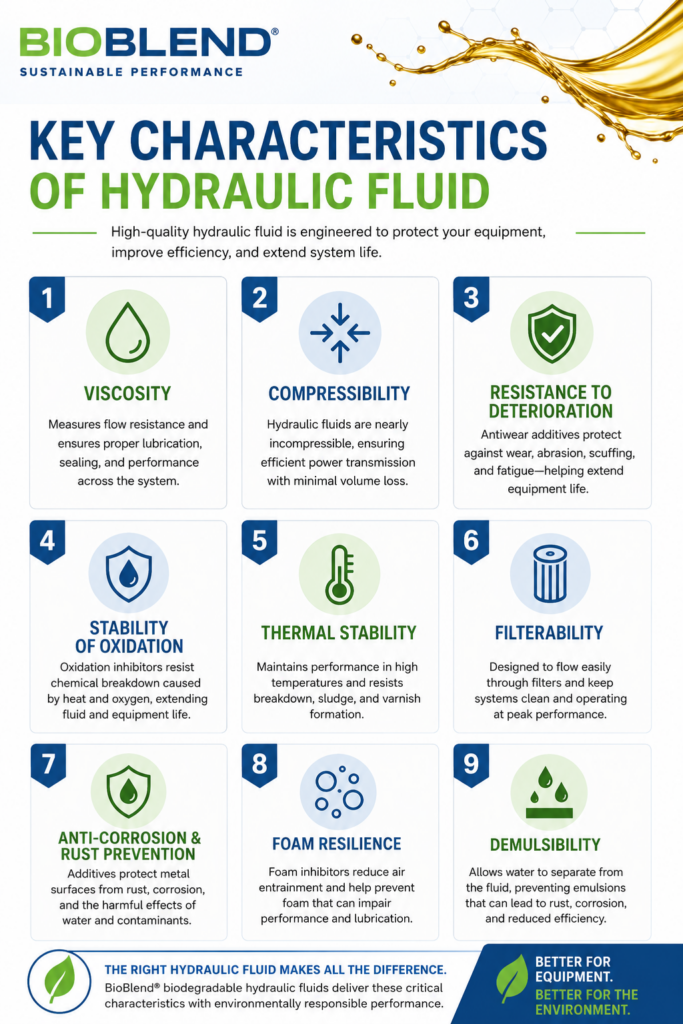 The nine characteristics of hydraulic fluid include viscosity, compressibility, resistance to deterioration, thermal and oxidation stability, filterability, anti-corrosion, foam resistance, and demulsibility. 