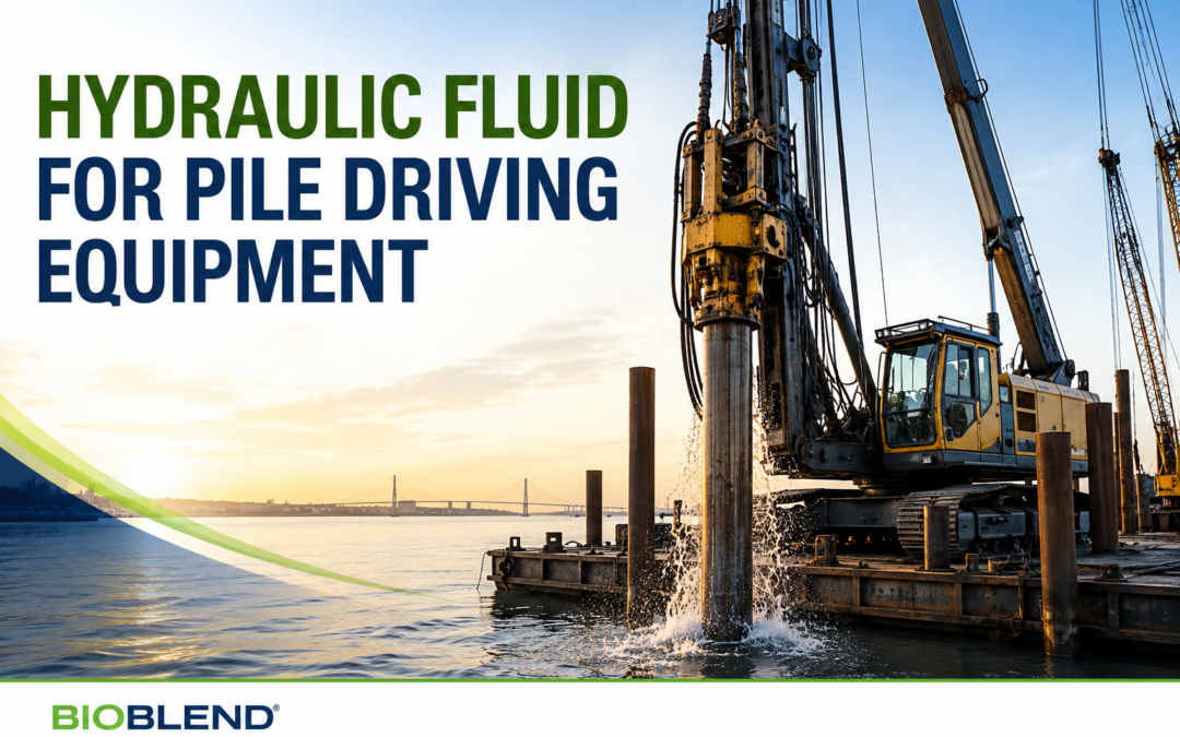 A pile driving rig is in a marina and using the right hydraulic fluid to maintain proper performance.
