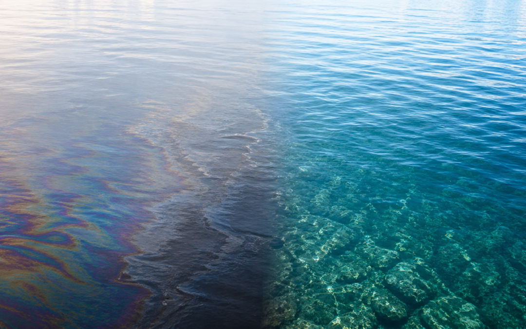 A sheen of oil covers ocean water while crystal clean water beside it illustrates the advantage to using biobased lubricants.