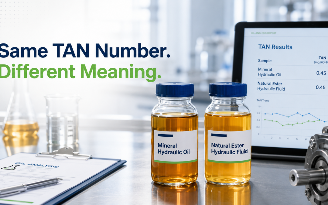 Two hydraulic oil samples labeled mineral hydraulic oil and natural ester hydraulic fluid being compared during TAN oil analysis.