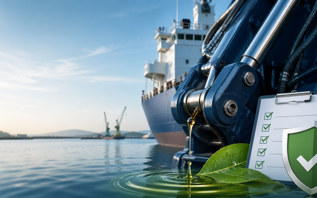 A cargo ship travels toward a harbor while BioBlend's environmentally acceptable lubricant drips harmlessly into the sea.